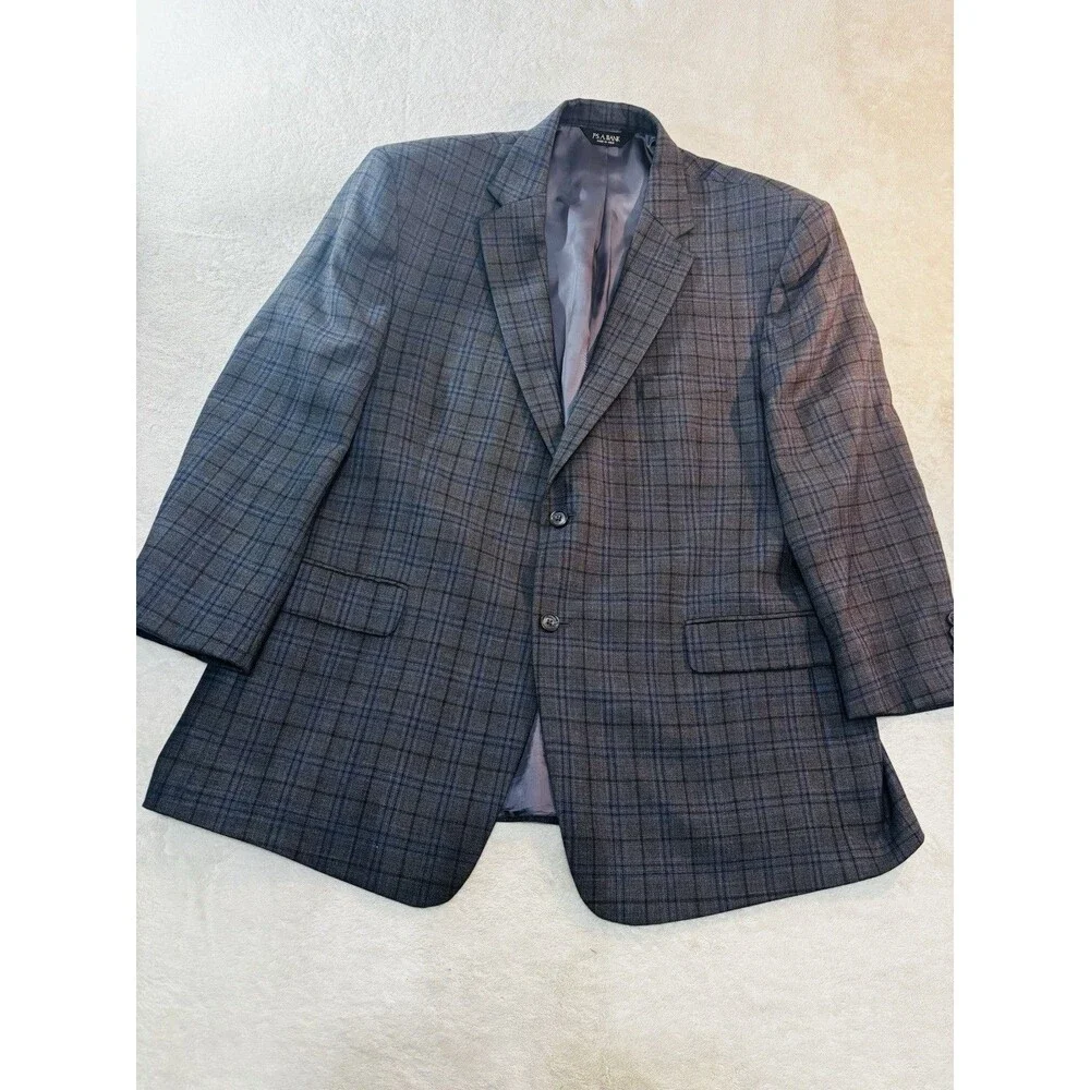 Jos A Bank Sport Coat Blazer 48R Blue Plaid Wool Suit Jacket Windowpane Big&tall